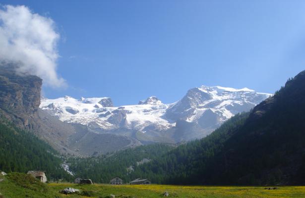 Snowy mountains and green meadows under a clear sky.