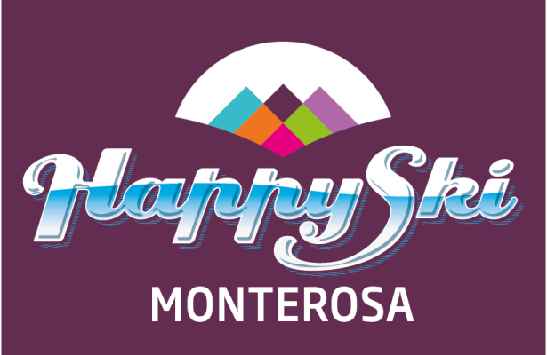 Logo colorato di Happy Ski Monterosa con montagne stilizzate.