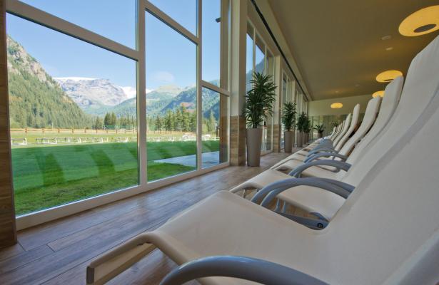 Lounge chairs overlooking green and snowy mountains through large windows.